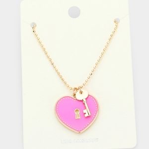 Pink Heart Lock & Gold Key Pendant Necklace Cute Charm Chain Statement Jewelry